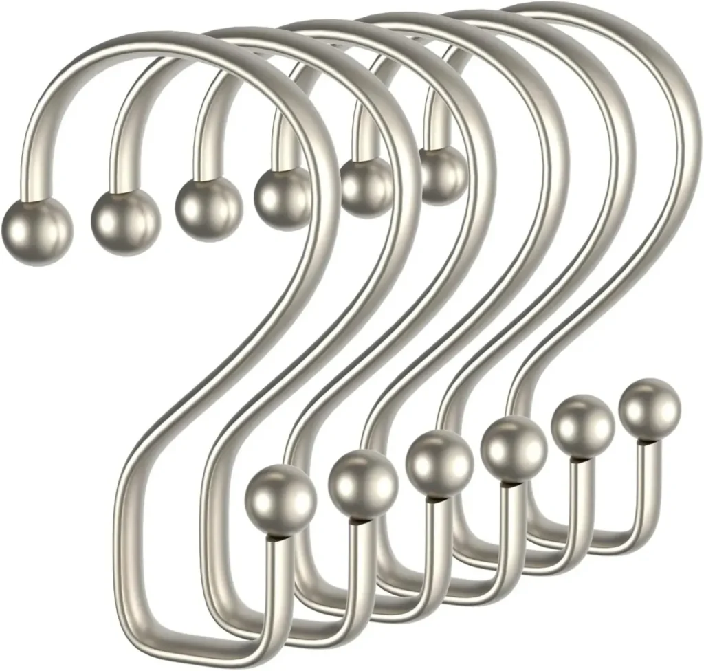 Silver shower curtain hooks with smooth glide balls