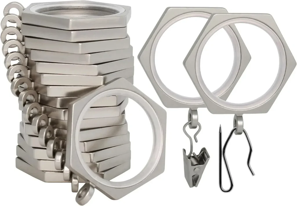 Silver metal curtain rings with clips stacked set