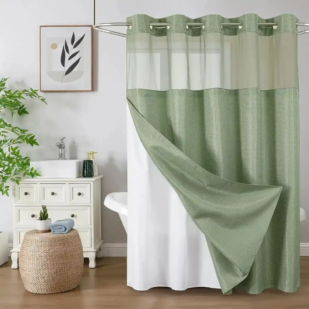 Colorful Star Green Waffle Weave Shower Curtain with Snap-in Fabric Liner - Heavy Duty Waterproof with Mesh Top Window