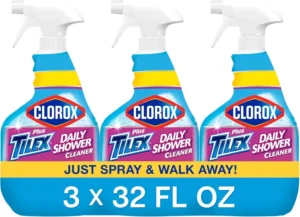 Three pack of Clorox Plus Tilex Daily Shower Cleaner spray bottles, 32 fl oz each, just spray and walk away formula for easy cleaning.