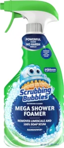 Green bottle of Scrubbing Bubbles Mega Shower Foamer bathroom cleaner removing limescale and soap scum.