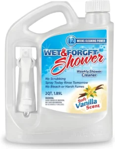 White jug of Wet & Forget Shower weekly cleaner with soft vanilla scent and 12 weeks cleaning power.