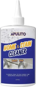 Apulito Home and Stain Cleaner 10 fl oz bottle for bathroom, shower, tile grout, countertop with before and after cleaning results