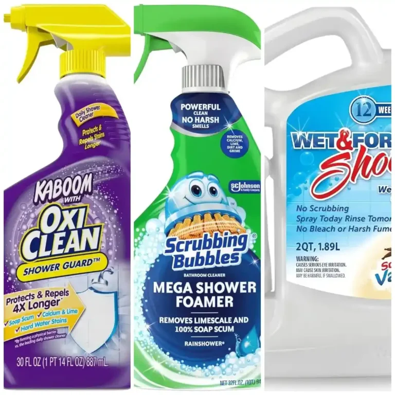 Bathroom shower cleaner spray bottles including Kaboom with OxiClean, Scrubbing Bubbles Mega Foamer, and Wet & Forget for removing soap scum and limescale